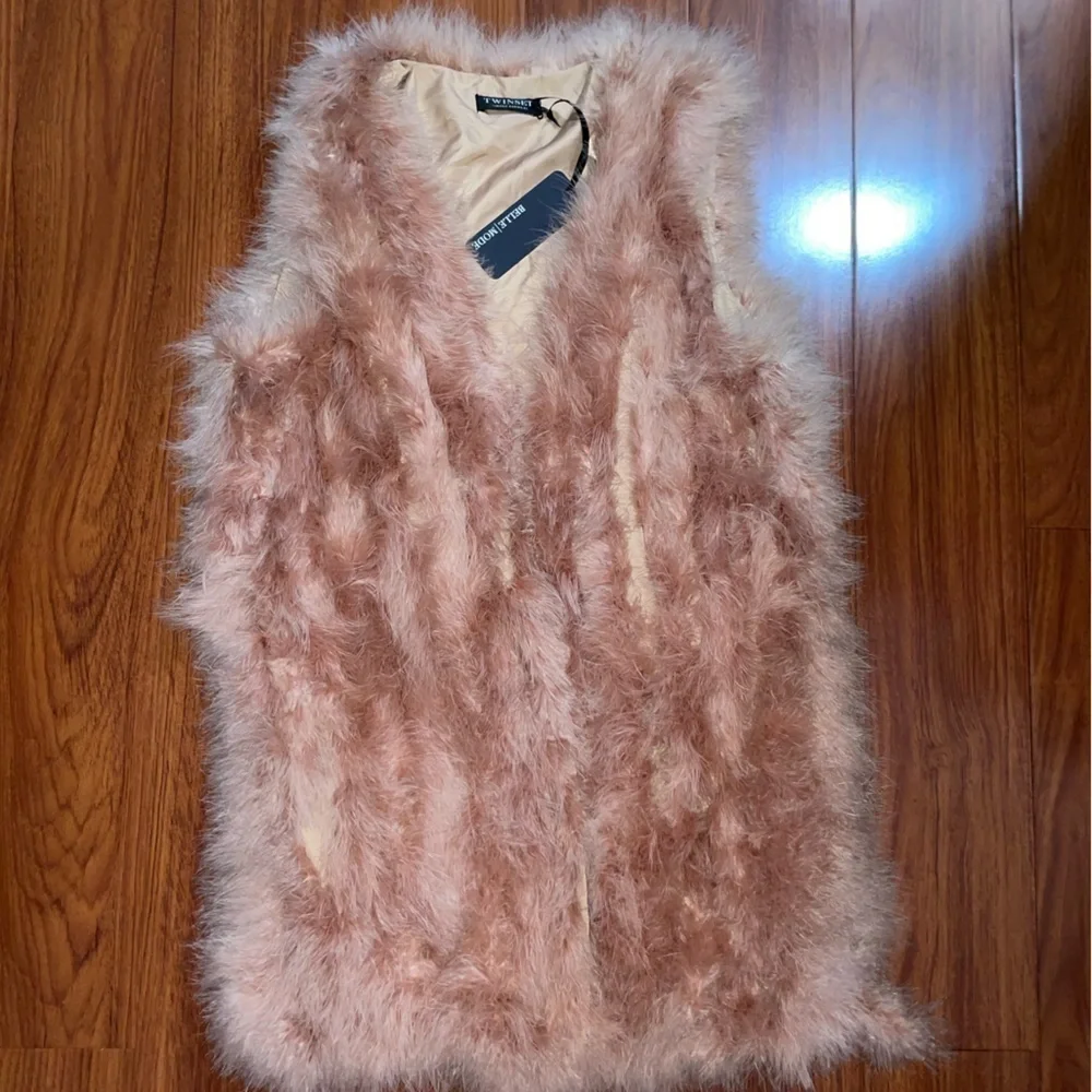 NWT TWINSET Italy genuine feather vest hip length size M in blush powder pink - Picture 7 of 12